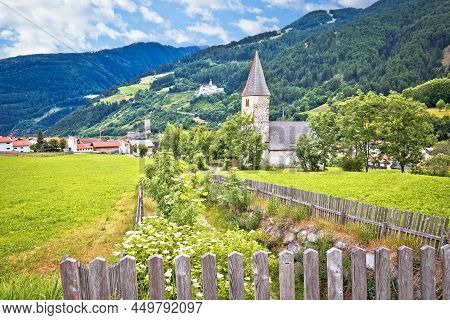Idyllic Alpine Village Of Burgeis And Abbey Of Monte Maria View, Trentino Alto Adige Region Of Italy