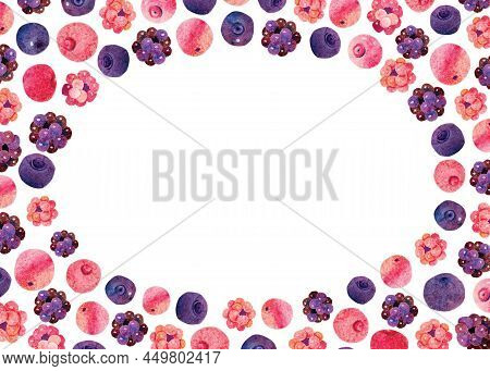 Watercolor Raspberry Cranberry Blueberry Blackberry Frame Border. A4 A5 International Size With Illu