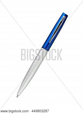 Metal Pen Isolated On White Background. Blue Ballpoint Pen Cut Out. Metallic Disposable Biro Pen.