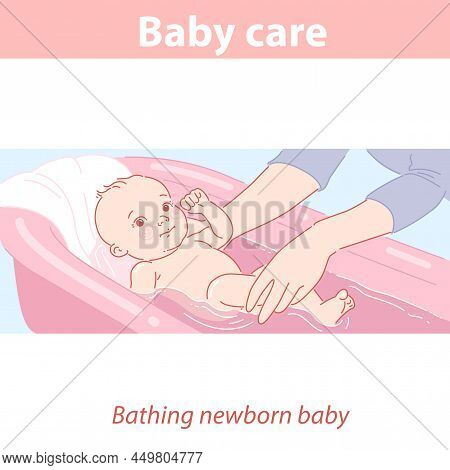 Little Baby Swim In Bath. Baby Care And Health.