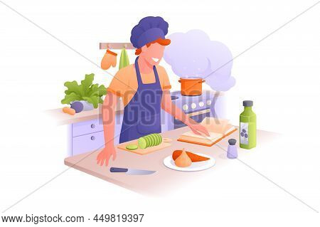 Character Cooking On Kitchen, Follow Recipe In Book Vector Illustration. Cut Vegetable, Boil On Stov
