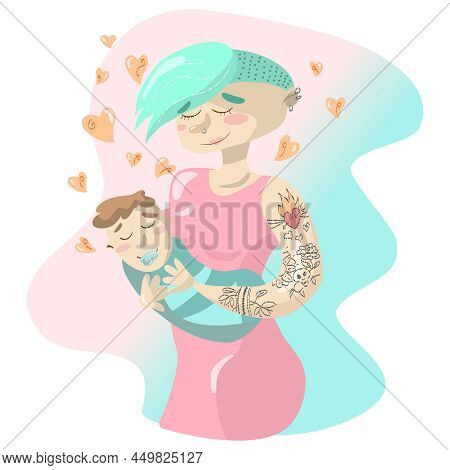 Blue Hair Woman With Tattoo Holding Her Newborn Baby, Pink Dress
