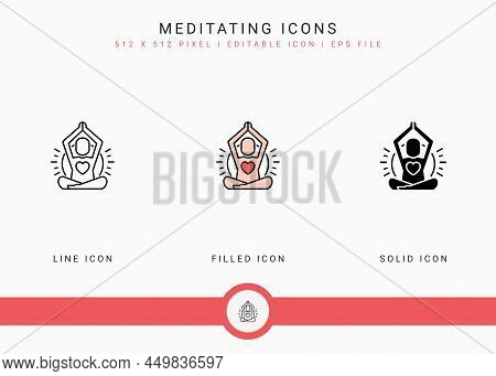 Meditating Icons Set Vector Illustration With Solid Icon Line Style. Yoga Body Concept. Editable Str