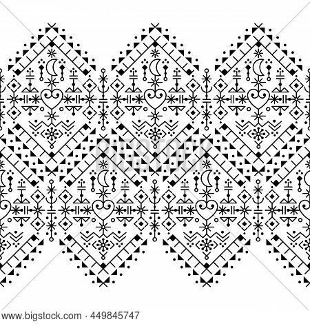 Icelandic Folk Art Style Tribal Line Art Vector Seamless Patten With Hearts And Moons, Long Horizont