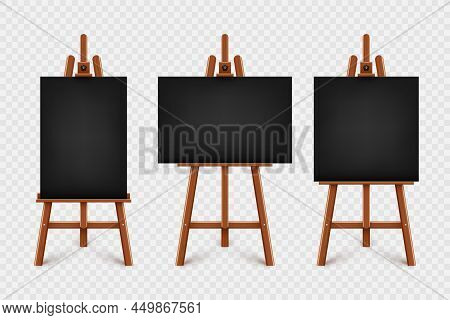 Realistic Paint Desk With Blank Black Canvas. Wooden Easel And A Sheet Of Drawing Paper. Presentatio