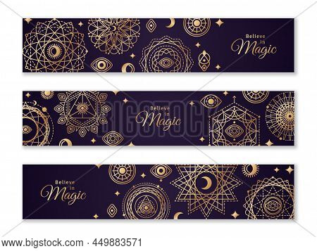 Horizontal Banner Set With Sacred Geometry Forms, Moon And Sun. Vector Illustration. Geometric Occul