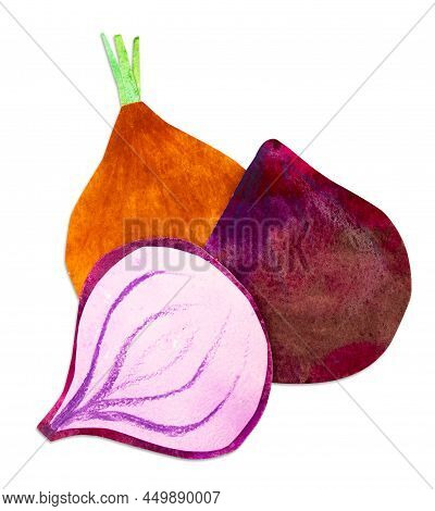Hand-drawn Watercolor Red And Orange Onion Bulbs. Bright Cute Kawaii Kidcore Style Illustration, Goo
