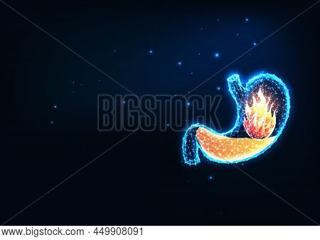 Futuristic Acid Reflux, Pyrosis Or Heartburn Concept With Glowing Low Polygonal Stomach And Fire