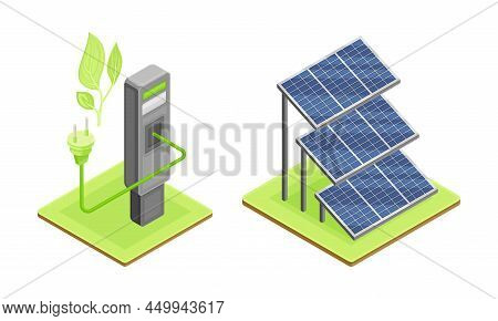 Alternative Power Sources Set. Solar Panels. Clean Energy Production Isometric Vector Illustration