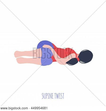Young Girl Practices Yoga In The Supine Twist Pose.