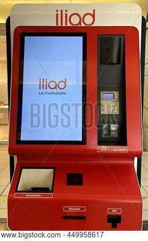 Bologna - Italy - February 23, 2022: Iliad Automatic Terminals Inside A Mall. Iliad Is A French Low 