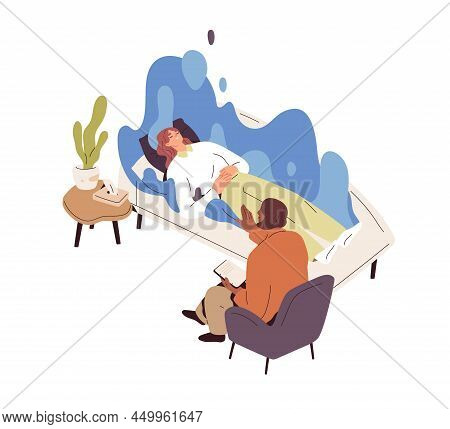 Person Under Hypnosis At Psychologists Session. Unconscious Woman During Hypnotherapy, Psychoanalysi