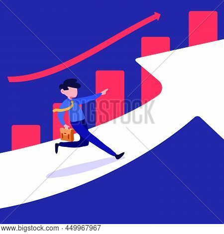 Business Concept Flat Style Of Businessman Running On Arrow Up Go To The Success, Graph. Business Vi