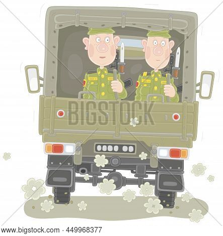 Young Soldiers In Khaki Uniform With Machine Guns Riding In A Military Lorry With A Tent, Vector Car