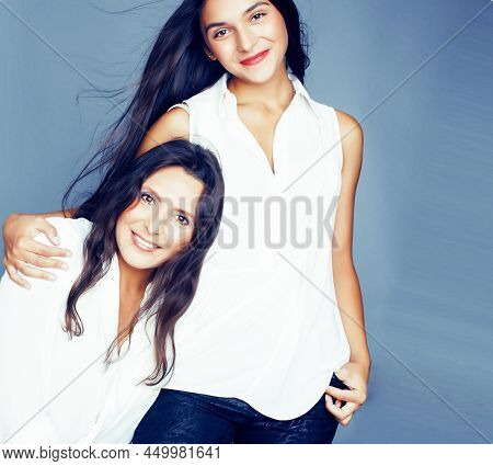 Cute Pretty Teen Daughter With Mature Mother Hugging, Fashion Style Brunette, Lifestyle People Conce