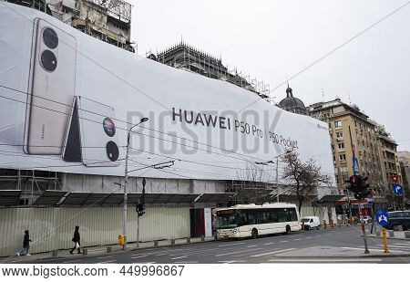 Bucharest, Romania - February 07, 2022: An Advertisement For Huawei P50 Smartphone Is Displayed On A