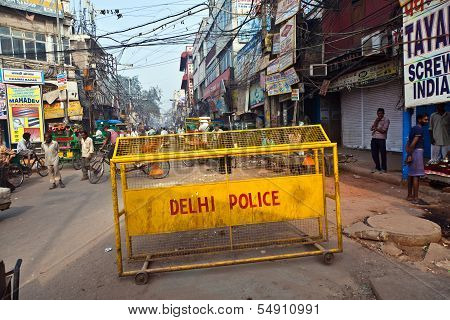 Road Barriers Of Delhi Police Stands Around The Old Part Of The Town To Be Available In Case Of Atta