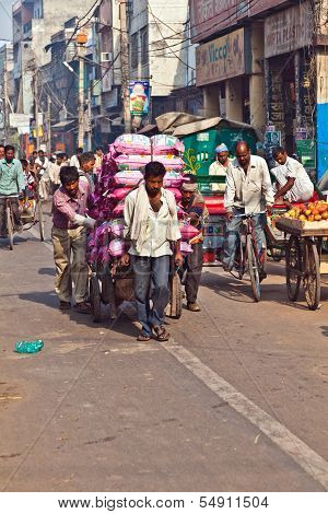 Pushcart Driver With Load In Chawri Bazar, Delhi Early Morning