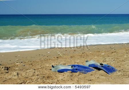 Para Swimfins na piasku na morzu