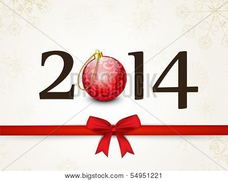 Happy New Year 2014 celebration poster, banner or flyer with shiny Xmas ball and red ribbon on abstract background. 