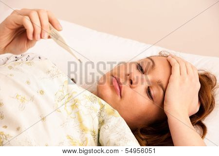 Woman Checking Feaver With Digital Termomether Girl With Flu