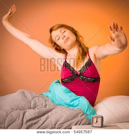 Preety Woman Stretching Arms After Waking Up In Early Morning