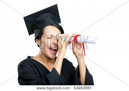 Graduating student keeps certificate like the telescope, isolated on white