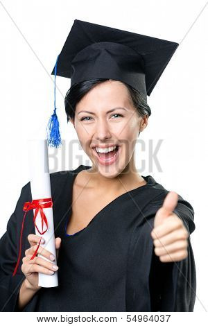 Graduating student with the certificate and in the black academic gown thumbs up, isolated