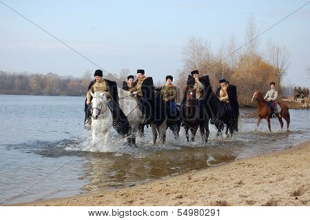 KIEV, UKRAINE - NOV 3. An unidentified members of Red Star history club wear historical Soviet uniform during historical reenactment of WWII, Dnepr river crossing 1943, November 3, 2013 Kiev, Ukraine 