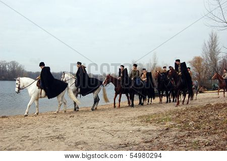 KIEV, UKRAINE - NOV 3. An unidentified members of Red Star history club wear historical Soviet uniform during historical reenactment of WWII, Dnepr river crossing 1943, November 3, 2013 Kiev, Ukraine 