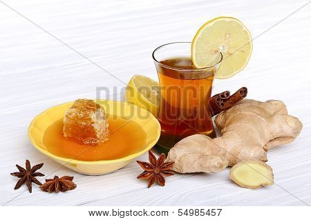 Tea With Ginger, Honey, Lemon And Spices