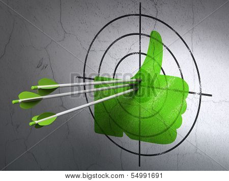 Social network concept: arrows in Thumb Up target on wall
