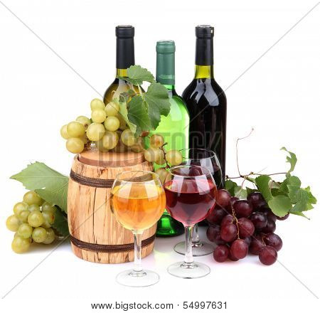 Barrel, bottles and glasses of wine, grapes, isolated on white