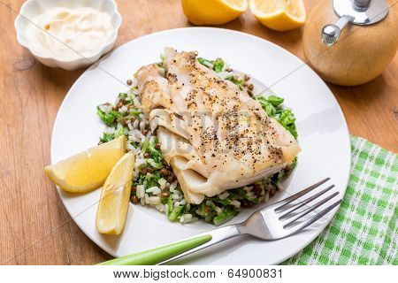 Cod  with Lentil, Rice and Silver Beet Pilaf