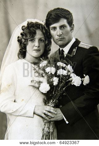 LENINGRAD (now St. Petersburg), RUSSIA - CIRCA 1970-th: Antique photo shows a wedding.