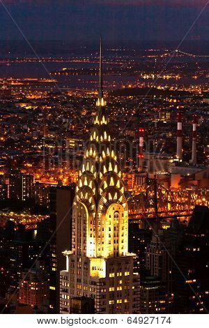 NEW YORK, USA - JUNE 4, 2010: Aerial panoramic view over upper Manhattan with Empire State building by night