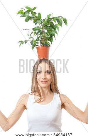 Smiling woman hold houseplant pipal, isolated on white background.