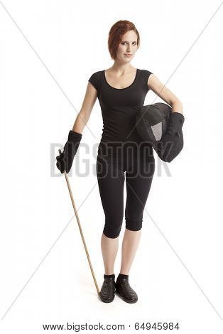 Woman with a fighting stick and a helmet.