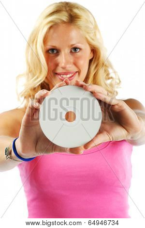 Blonde girl presenting white printable cd (ready for your logo)
