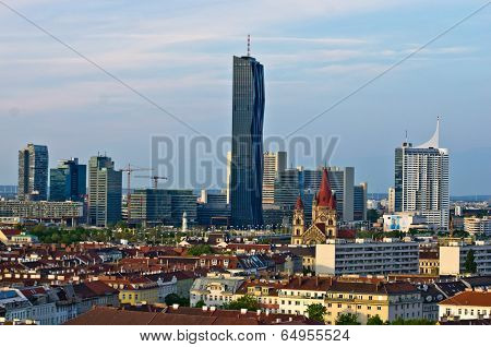 Vienna skyline at sunset, contrast between modern skycrapers and old style buildings