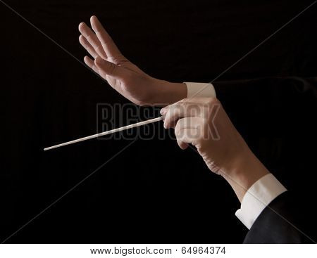 Orchestra conductor hands baton. Music male director holding stick