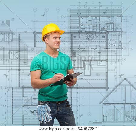 repair, construction and maintenance concept - smiling man in helmet with clipboard