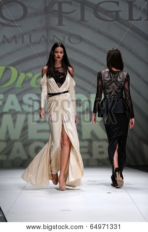 ZAGREB, CROATIA - MAY 09: Fashion model wearing clothes designed by Avaro Figlio on the Zagreb Fashion Week on May 09, 2014 in Zagreb, Croatia.