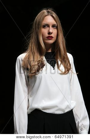 ZAGREB, CROATIA - MAY 09: Fashion model wearing clothes designed by Avaro Figlio on the Zagreb Fashion Week on May 09, 2014 in Zagreb, Croatia.