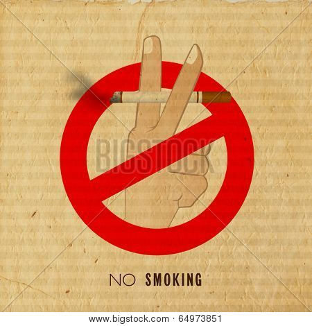 Vintage anti smoking poster, banner or flyer design with human hand holding a burning cigarette on grungy brown background.