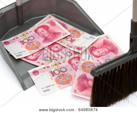 Rmb In Rubbish Bin And A  Besom, Monetary Concept