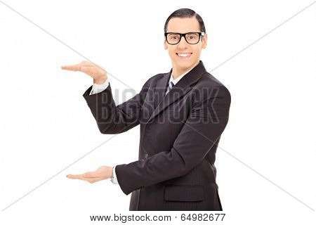 Businessman mimicking with hands isolated on white background