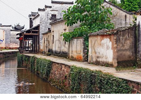 The Canal Of An Ancient Village In Anhui Province, China, Oil Paint Stylization