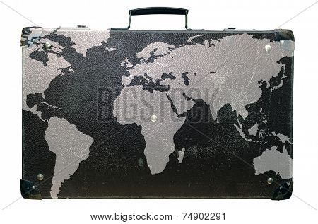 Old suitcase globetrotter with a world map.