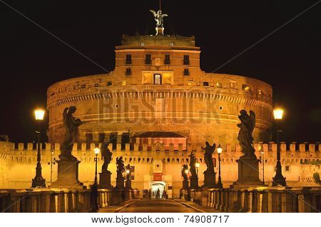 Majestic Castle of Saint Angel over the Tiber river by night  in Rome, Italy.